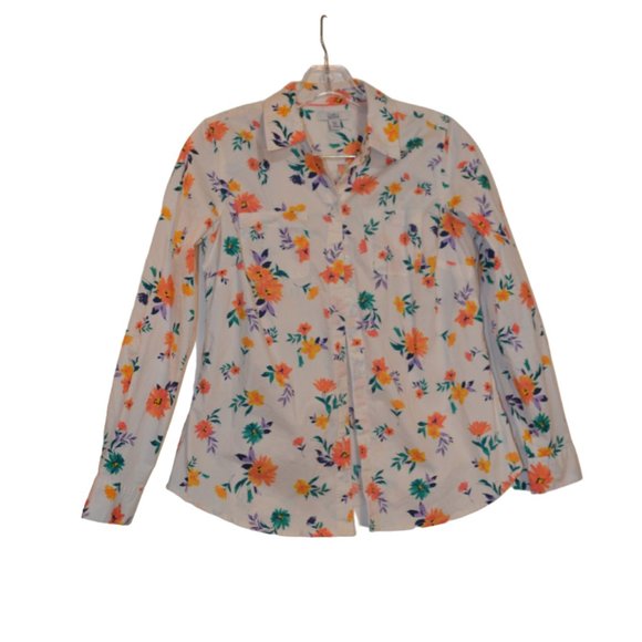Croft &Barrow PETITES Button Down Shirt Floral on White Cotton Long Sleeves PXS - Picture 1 of 7